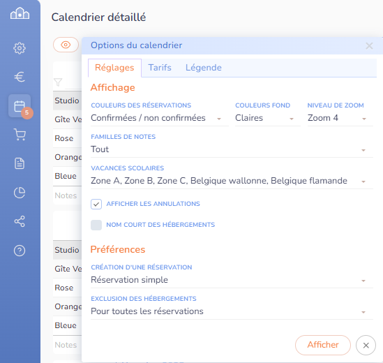 Options du calendrier détaillé