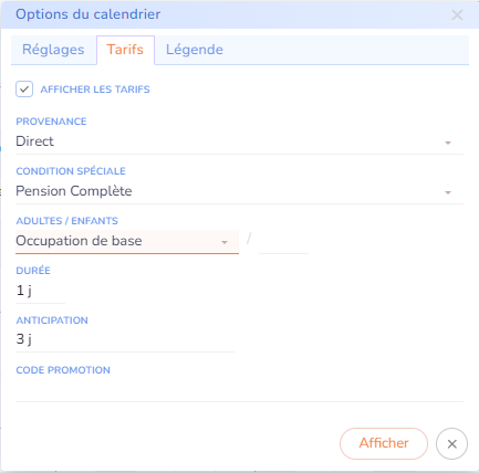 Options du calendrier détaillé