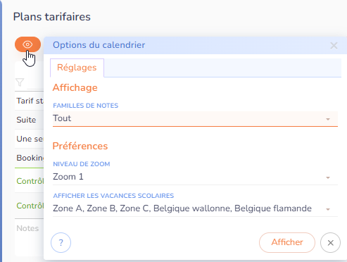 Options du calendrier des tarifs Options du calendrier des tarifs