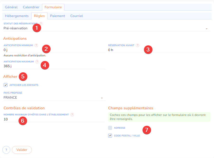 Règles du formulaire de réservation