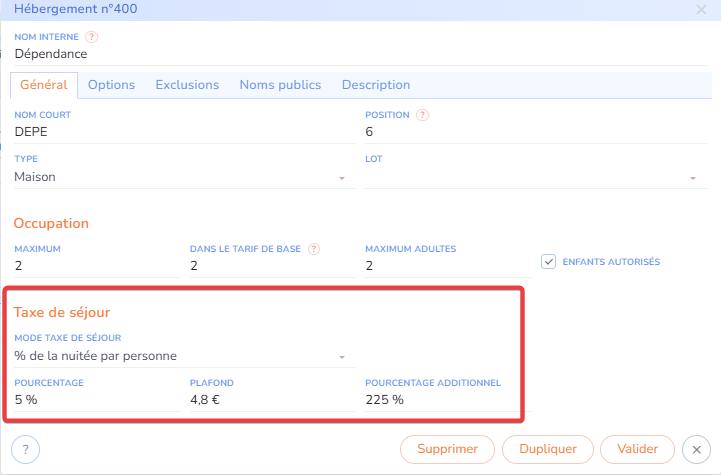 Taxe de séjour selon la chambre Taxe de séjour selon la chambre